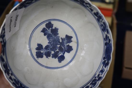 A Chinese Kangxi blue and white fluted bowl, decorated with flowers, with stand diameter 14.5cm height 7cm